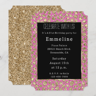 Invitación Leopardo Purpurina de oro negro rosado