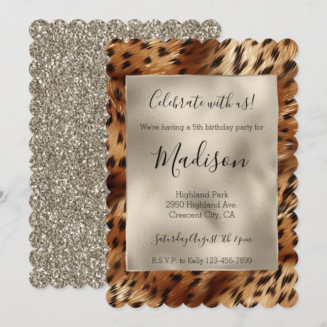 Invitación Leopardo Purpurina elegante Gold Glitz (Anverso / Reverso)