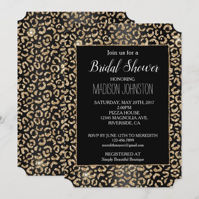 Invitación Leopardo Purpurina Glam Black Gold (Anverso / Reverso)