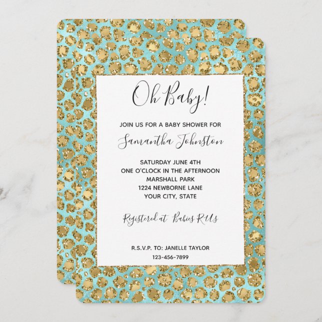 Invitación Leopardo Purpurina Gold Aqua Mint Glitz (Anverso / Reverso)