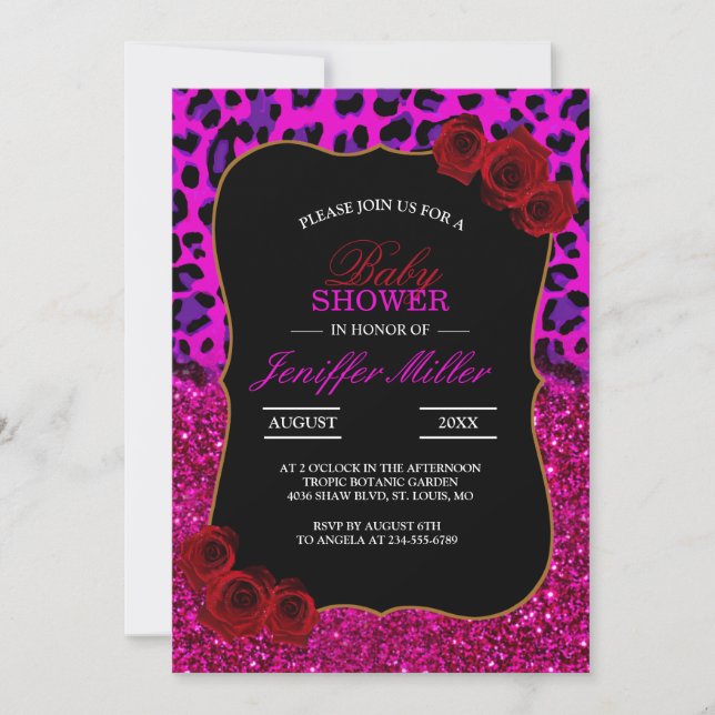Invitación Leopardo Purpurina Púrpura Moderno De Moda.        (Anverso)