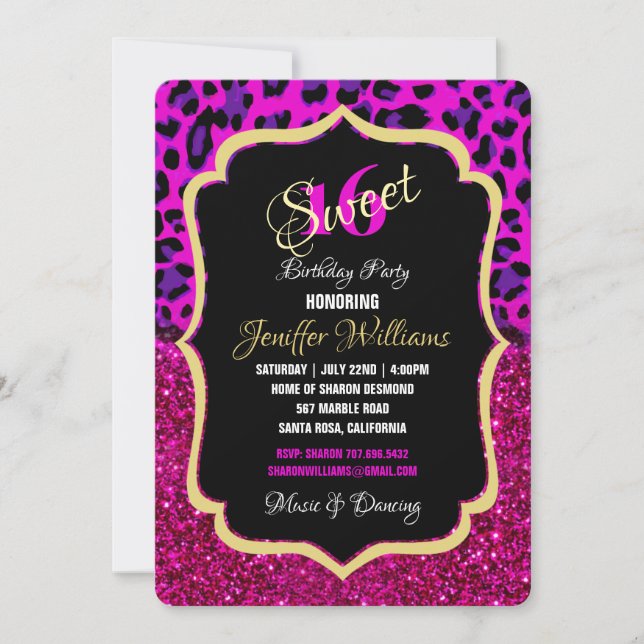 Invitación Leopardo Purpurina Púrpura Moderno De Moda. (Anverso)