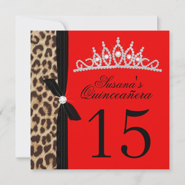 Invitación leopardo rojo Quinceanera (Anverso)