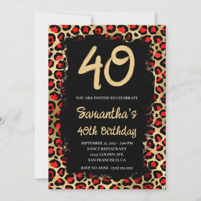 Invitación Leopardo rojo y oro pintado negro 40 cumpleaños (Anverso)
