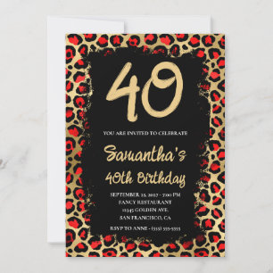 Invitación Leopardo rojo y oro pintado negro 40 cumpleaños