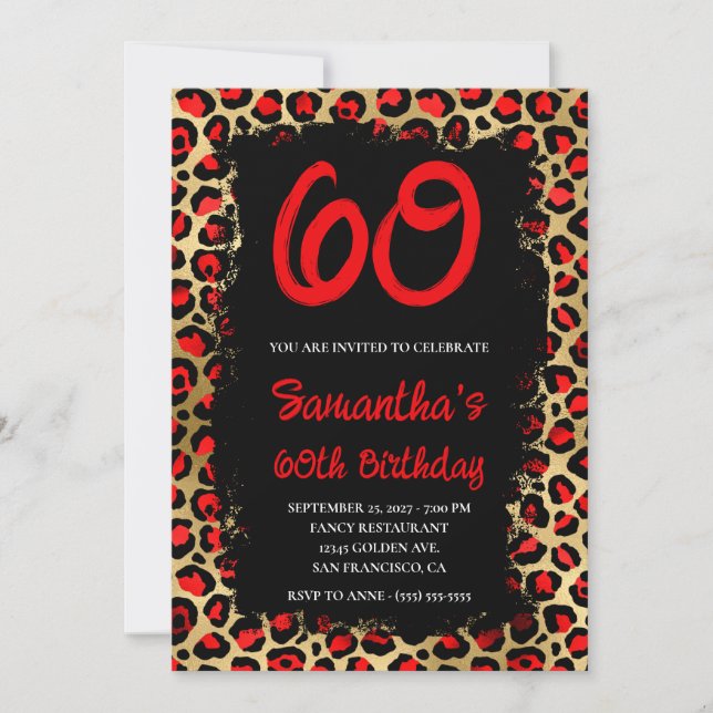 Invitación Leopardo rojo y oro pintado negro 60 cumpleaños (Anverso)
