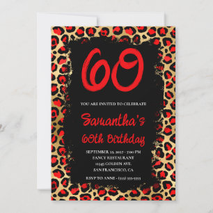 Invitación Leopardo rojo y oro pintado negro 60 cumpleaños