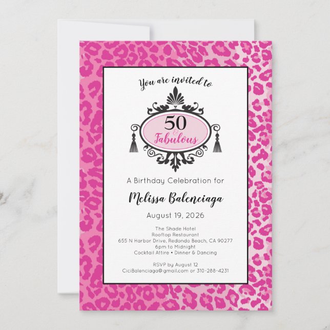 Invitación Leopardo rosa 50 y fabuloso cumpleaños 50  (Anverso)