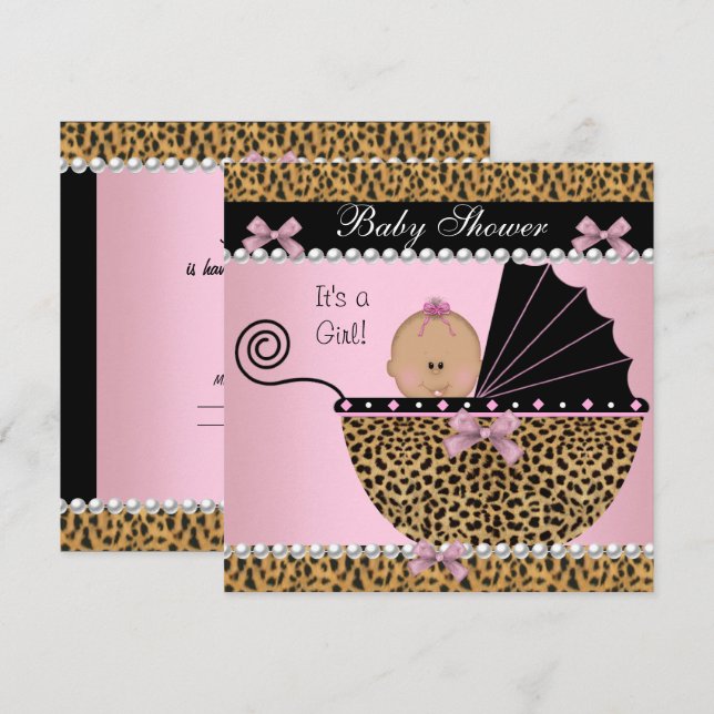 Invitación Leopardo rosa de la bebé de Baby Shower Cute (Anverso / Reverso)