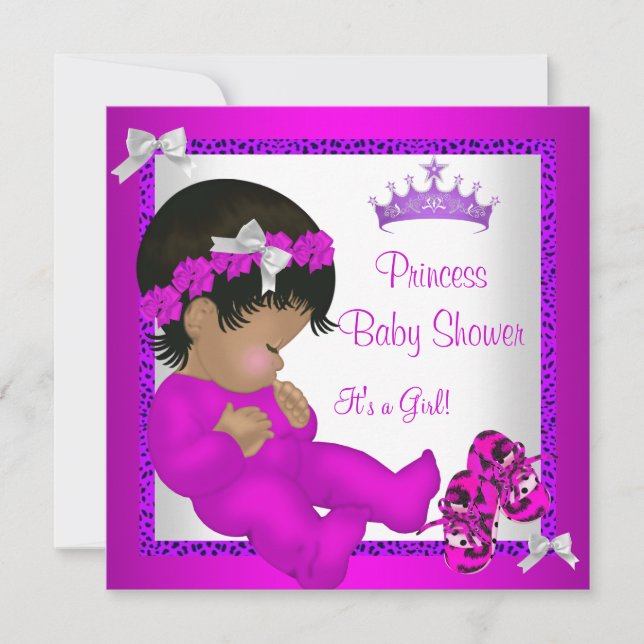 Invitación Leopardo rosa morado de Baby Shower afroamericano (Anverso)