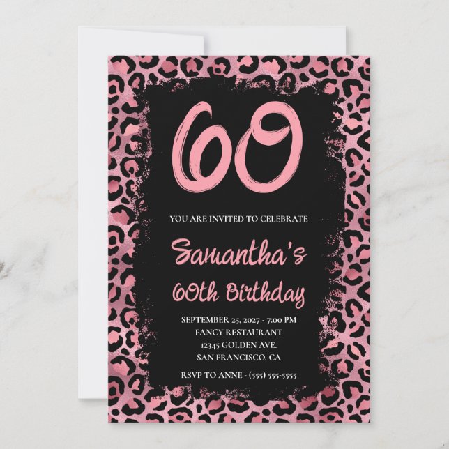 Invitación Leopardo rosa pintado negro 60 cumpleaños (Anverso)