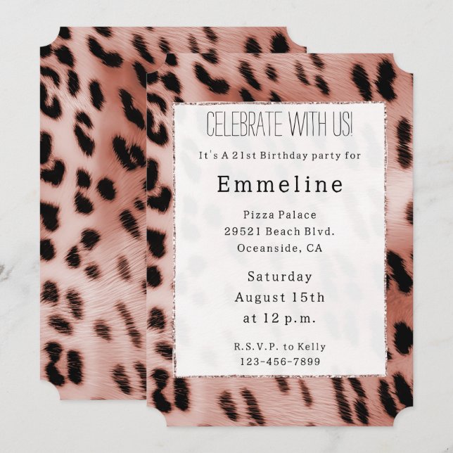Invitación Leopardo rosa Rubor de rosa de rosa blanca (Anverso / Reverso)