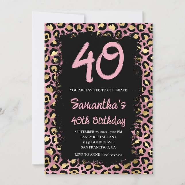 Invitación Leopardo rosa y oro pintado negro 40 cumpleaños (Anverso)