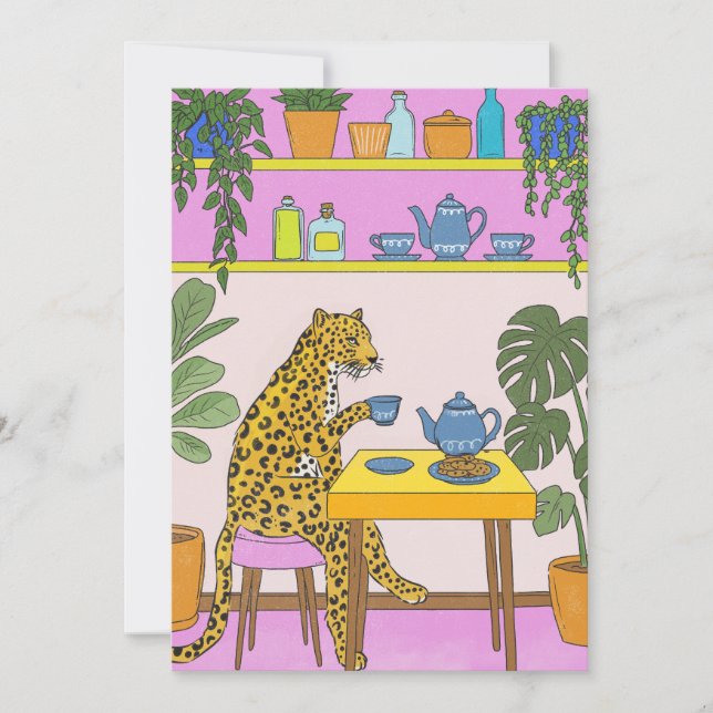 Invitación Leopardo Tomando Té (Anverso)