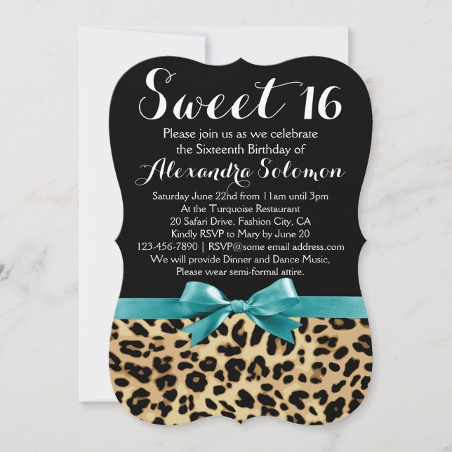 Invitación Leopardo Turquesa Imprimir Bow Sweet 16th Birthday (Anverso)