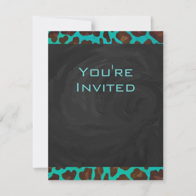 Invitación Leopardo Verde azulado y marrón monograma (Anverso)