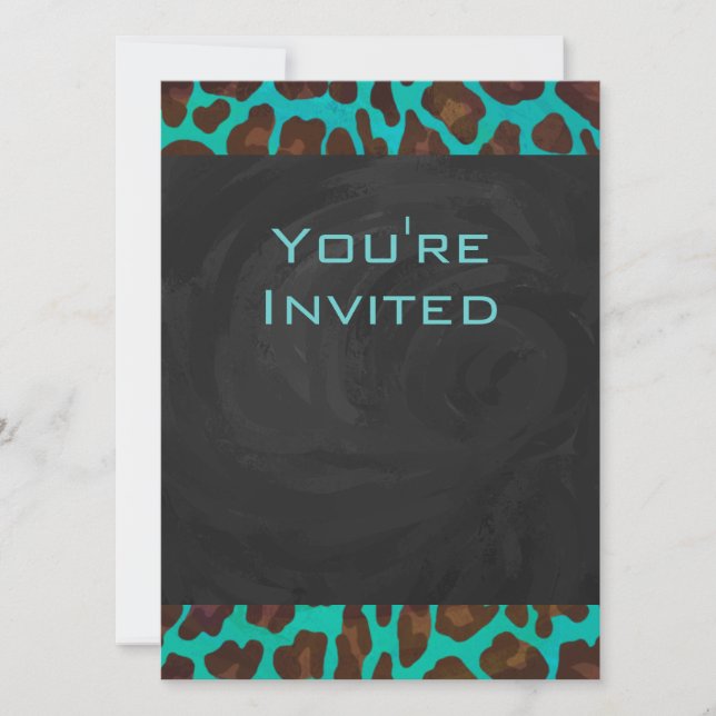 Invitación Leopardo Verde azulado y marrón monograma (Anverso)