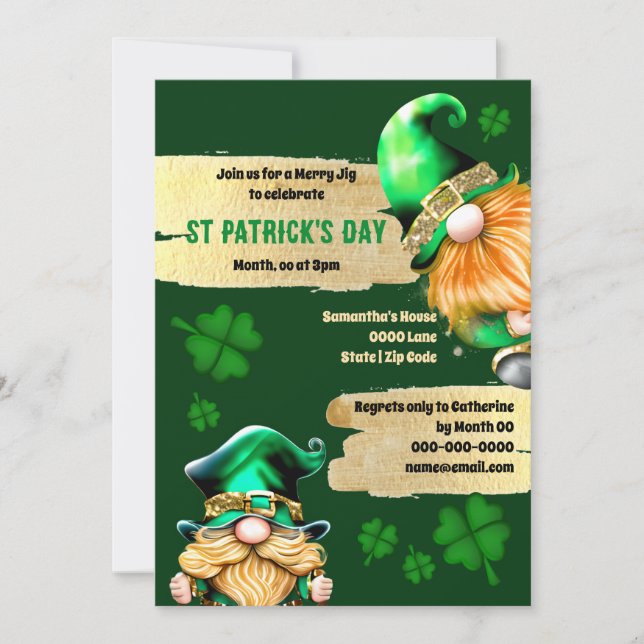 Invitación Leprechauns lindo gnomes dorado trébol verde vacac (Anverso)