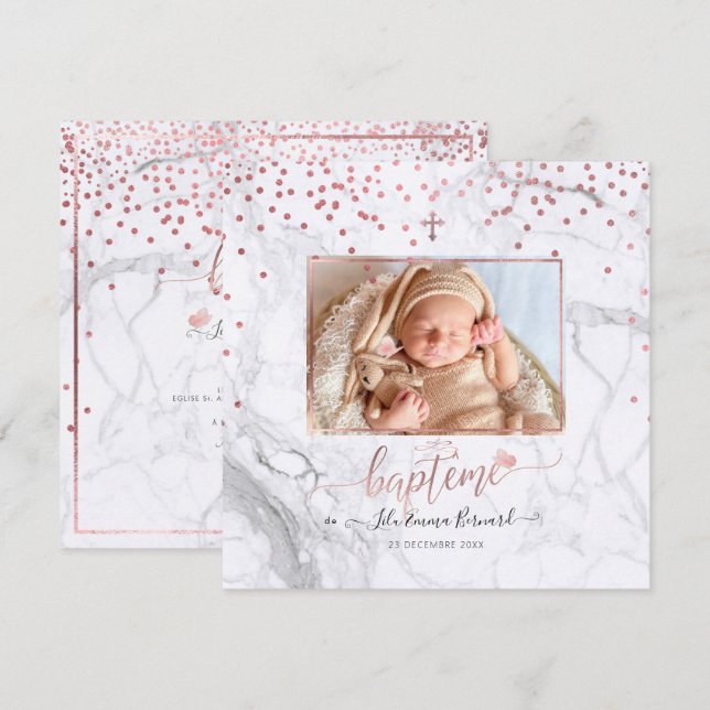 Invitación Les confettis d'or rosa Faire-part de Baptême (Anverso / Reverso)