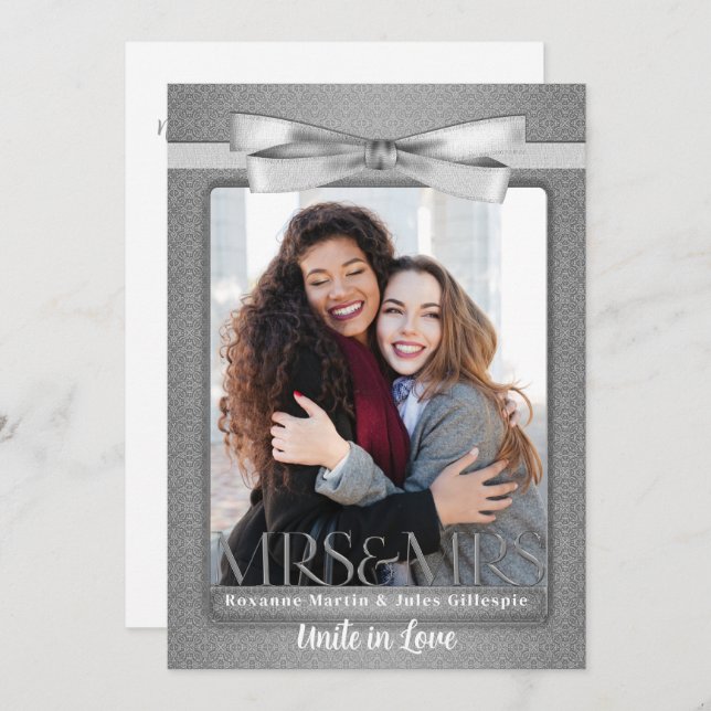 Invitación Lesbian Gay Wedding Invitation Two Brides Silver (Anverso / Reverso)