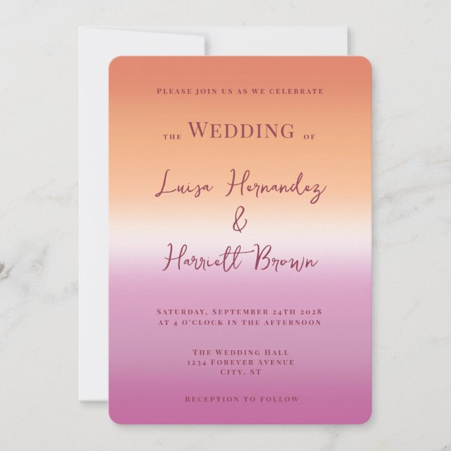 Invitación Lesbian Wedding Two Brides Pride Flag Gradient (Anverso)