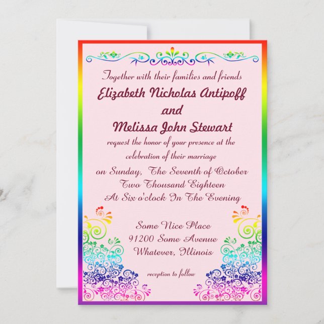 Invitación Lesbiana arcoiris Elegante Boda elegante del orgul (Anverso)