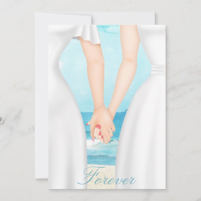 Invitación Lesbiana gay, dos novias invitadas a la playa (Anverso)