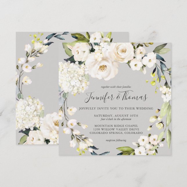 Invitación Lesión floral blanca neutra en Boda de Taupe (Anverso / Reverso)
