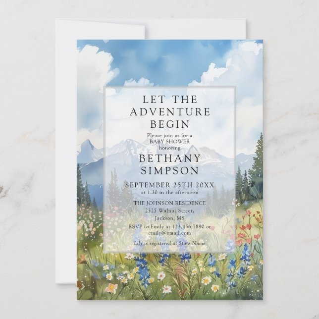Invitación Let Adventure Begin Mountain Floral Baby Shower (Anverso)