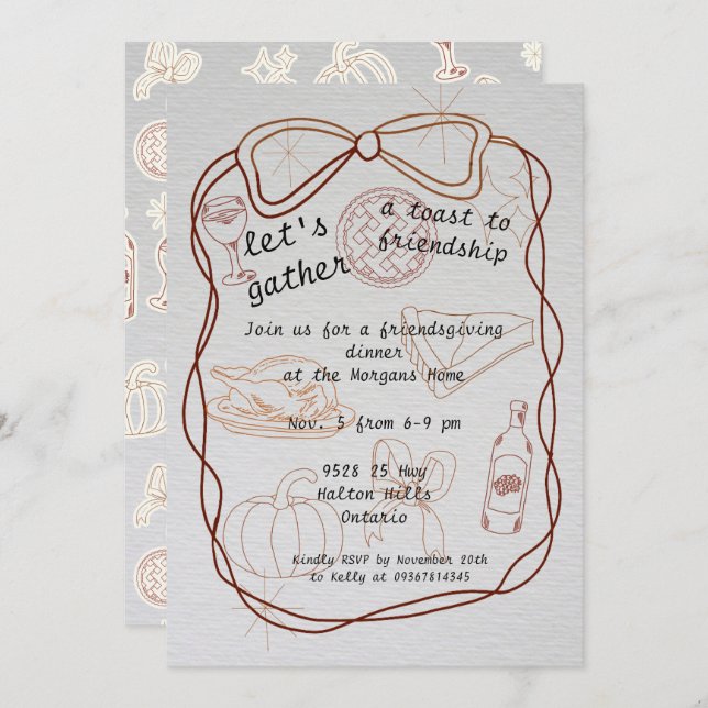 Invitación  "Let’s Gather" Hand-Drawn Friendsgiving  (Anverso / Reverso)