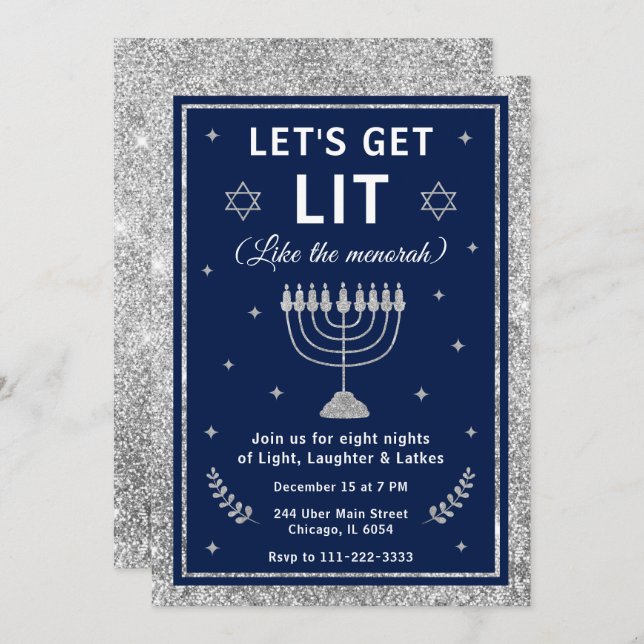 Invitación Let’s Get Lit Hanukkah Party (Anverso / Reverso)