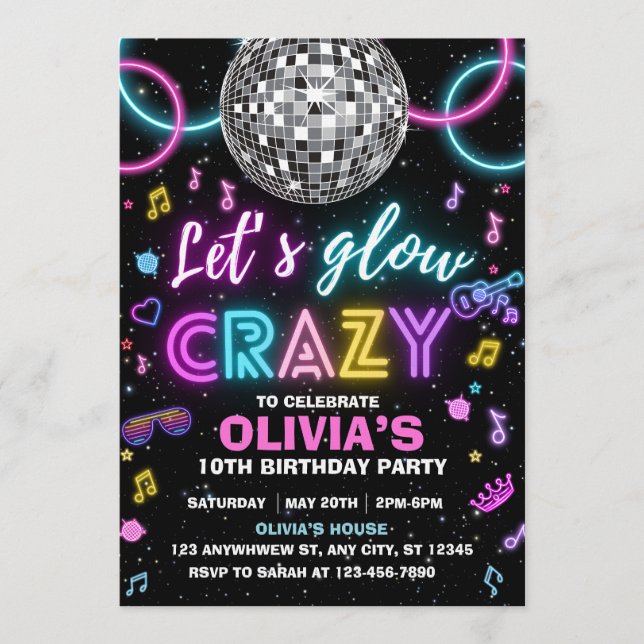 Invitación Let’s Glow Crazy disco party (Anverso)