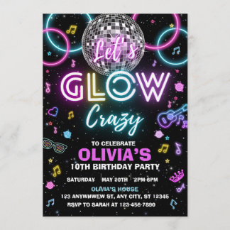 Invitación Let’s Glow Crazy disco party invite - disco ball