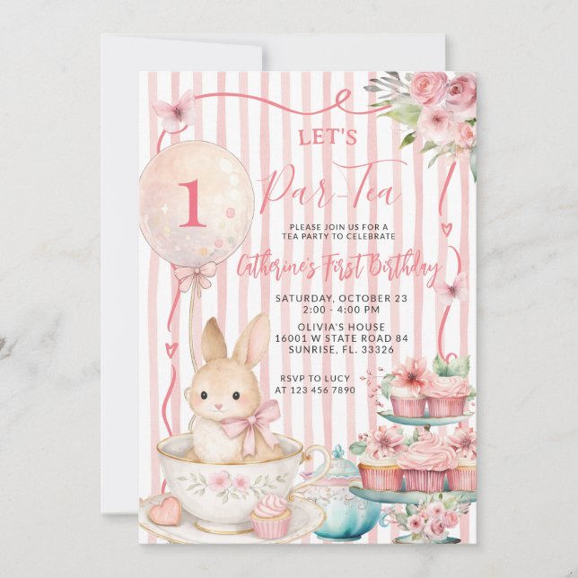 Invitación Let’s Par Tea Pink Striped Bunny Party Birthday (Anverso)