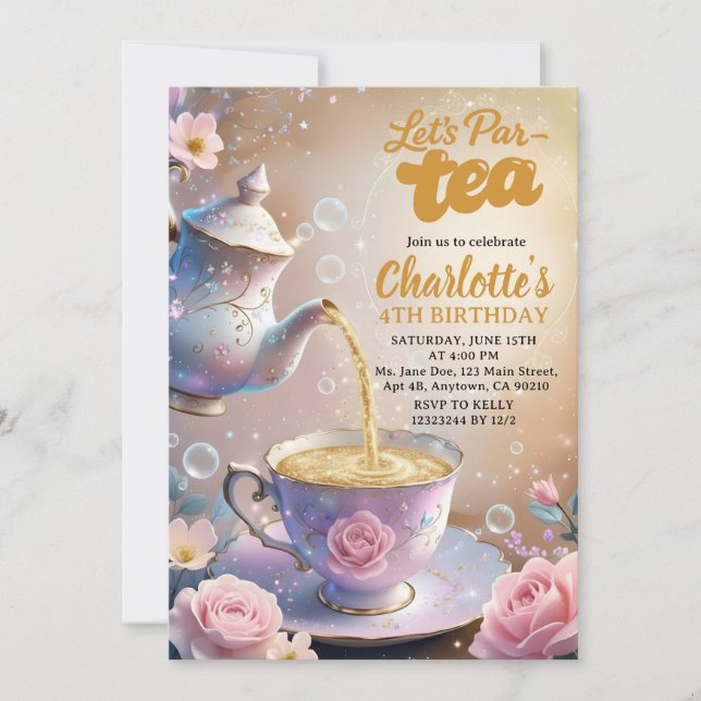Invitación Let’s Par‑Tea Teacup & Teapot Tea Party Birthday (Anverso)