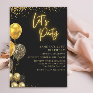 Invitación Let’s Party- elegant Birthday with Golden balloons