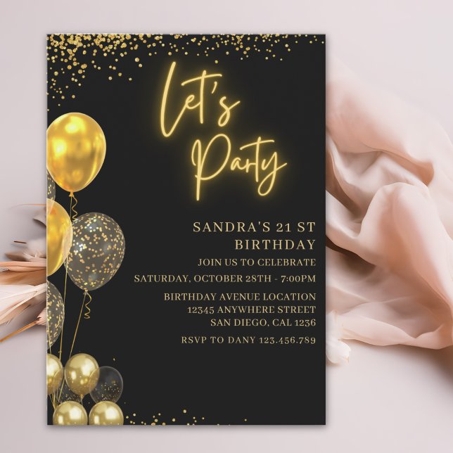 Invitación Let’s Party- elegant Birthday with Golden balloons (Subido por el creador)