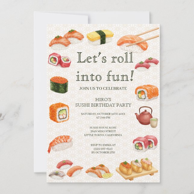 Invitación Let’s Roll into Fun! Sushi Birthday Party Invitati (Anverso)