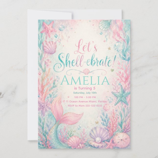 Invitación Let’s Shell-ebrate Mermaid Invitation Editable (Anverso)