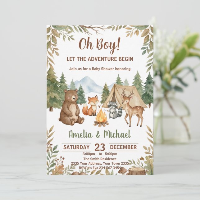 Invitación Let the Adventure Begin Woodland Boy Baby Shower (Anverso de pie)