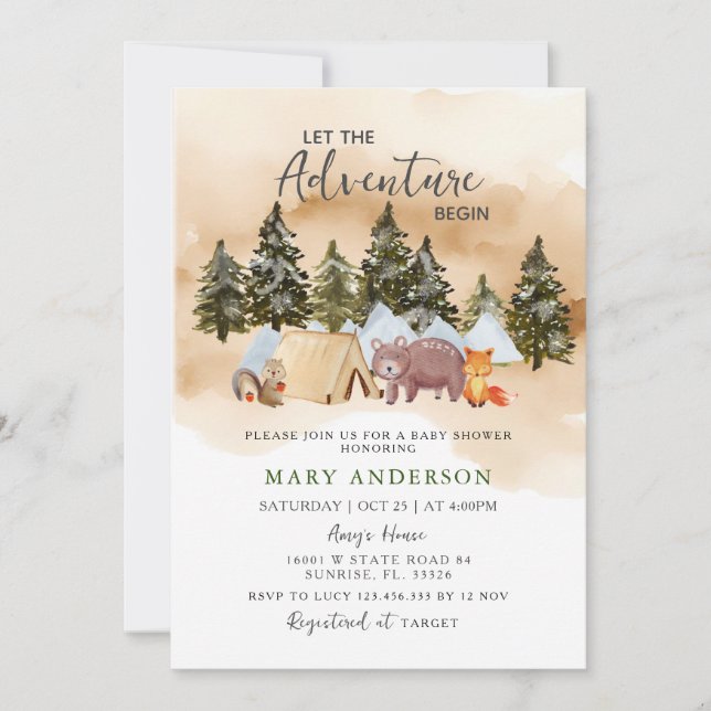 Invitación Let The Adventure Woodland Baby Shower (Anverso)