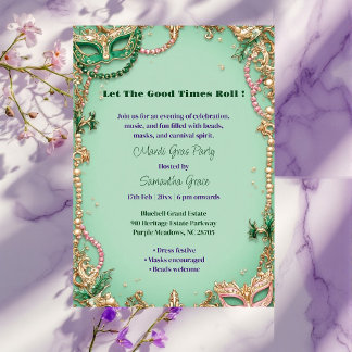 Invitación Let The Good Times Roll Mardi Gras Mask Beads Fun 