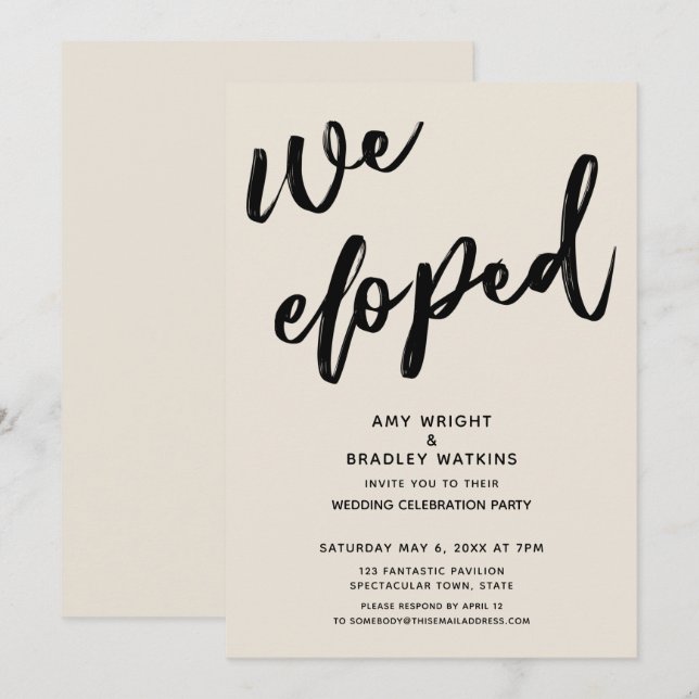 Invitación Letra a mano Boda de Nos Fugamos Recepción Crema (Anverso / Reverso)