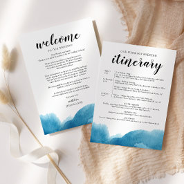 Invitación Letra azul acuarela Boda de bienvenida e tinerario