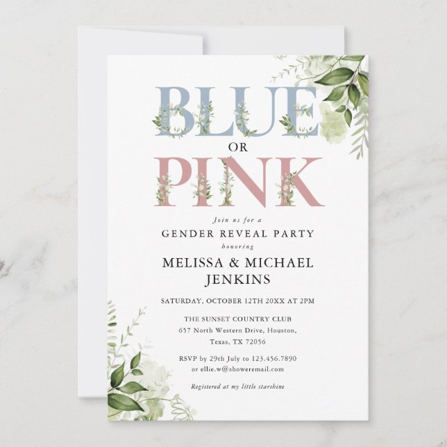 Invitación Letra azul o rosa de verde Fiesta de revelación de (Anverso)