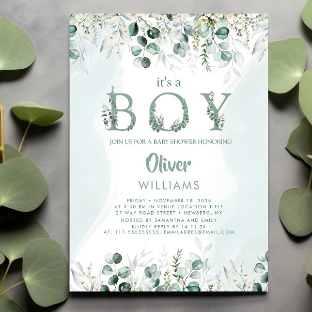 Invitación Letra botánica eucalipto es un niño Baby Shower (Subido por el creador)