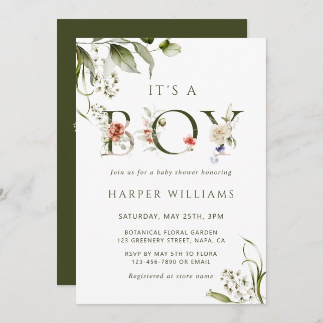 Invitación Letra botánica floral verde oliva Baby Shower (Anverso / Reverso)