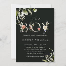 Invitación Letra botánica floral verde oscuro caso Baby Showe