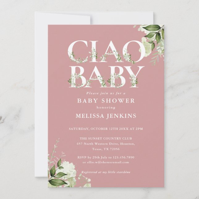 Invitación Letra Ciao Baby Greenery Rosa Baby Shower (Anverso)