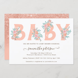 Invitación Letra coral purpurina acuarela floral baby ducha